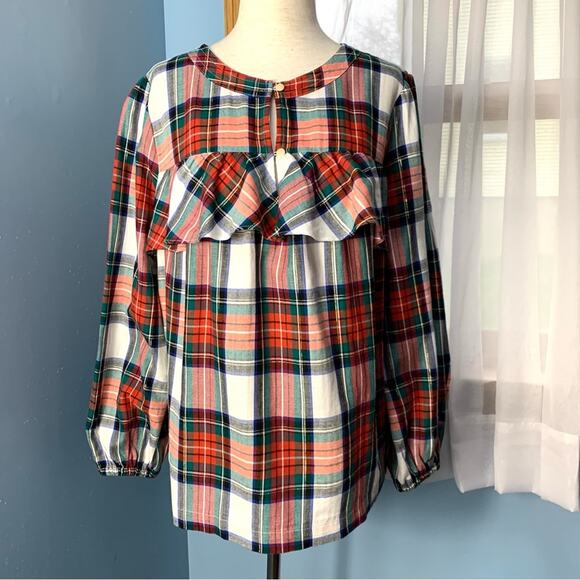 J. Crew Snowy Tartan Plaid Ruffle Popover Top Size Medium - Picture 2 of 9